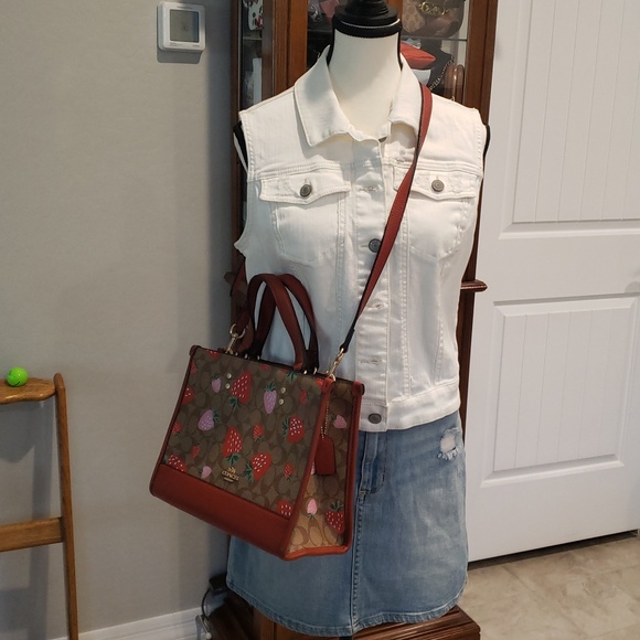 Coach Brown Signature Satchel with Red & Pink Strawberry Print Size Medium - Picture 13 of 16
